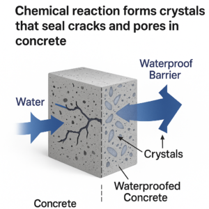 "Illustration explaining how crystalline waterproofing works in UAE buildings, showing concrete structures with internal crystal formation that blocks water entry and ensures long-term waterproofing protection."