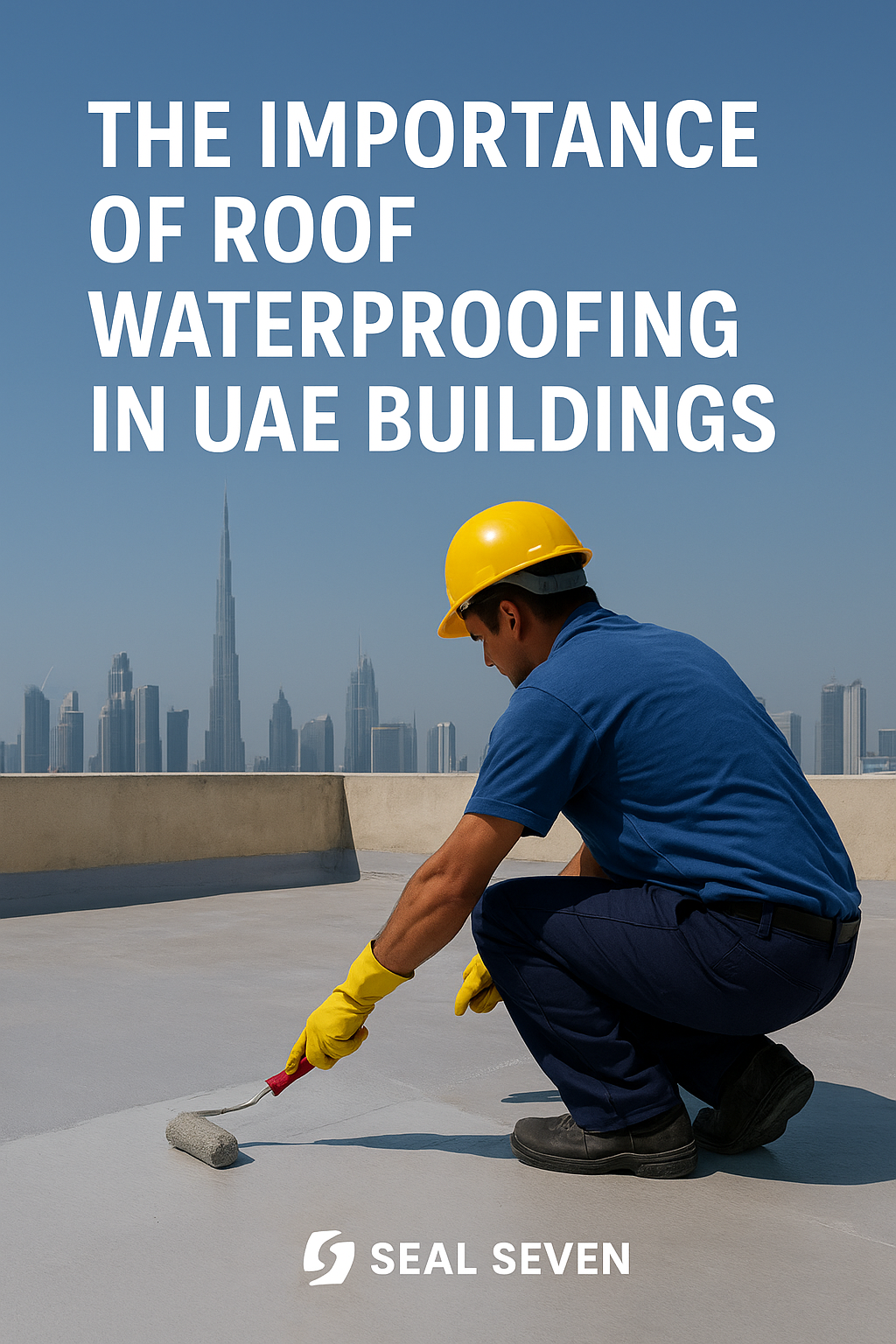 Roof waterproofing in UAE - Seal Seven technician applying waterproof coating on rooftop Dubai skyline.